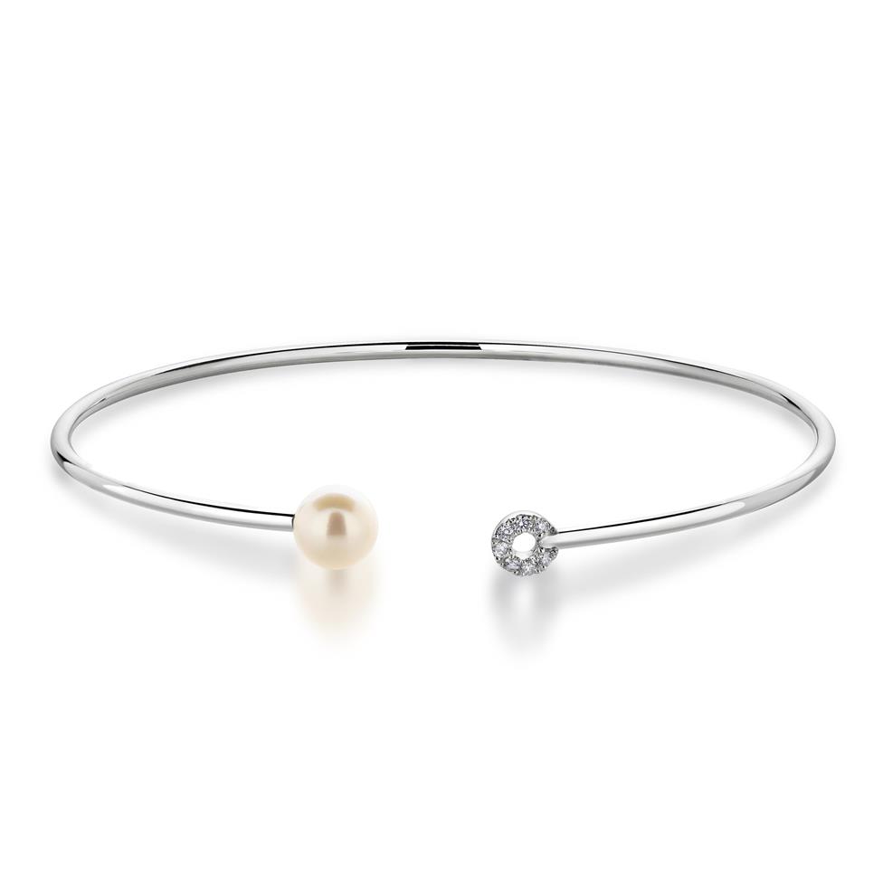 18ct White Gold Freshwater Pearl and Diamond Open Bangle Thumbnail Image 0