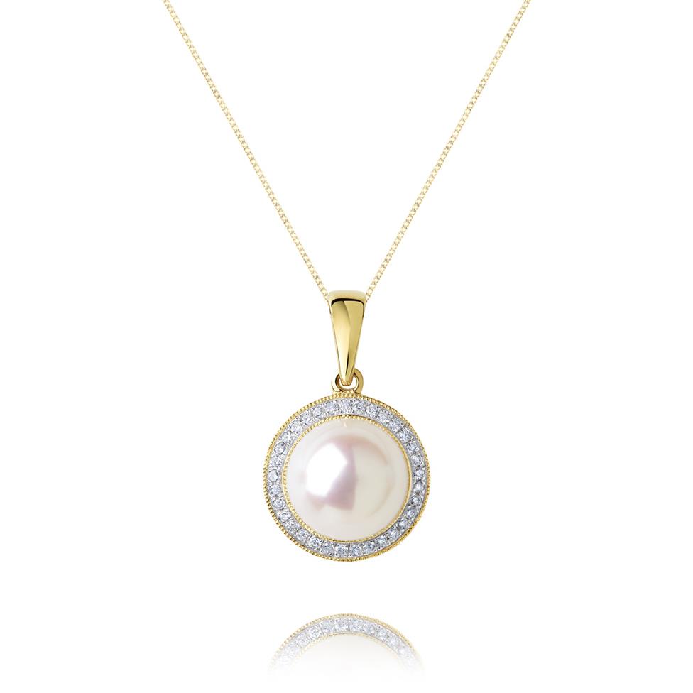 18ct Yellow Gold Freshwater Pearl and Diamond Halo Pendant Thumbnail Image 0