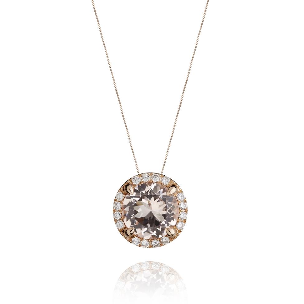 Camellia 18ct Rose Gold Morganite and Diamond Halo Pendant Thumbnail Image 0