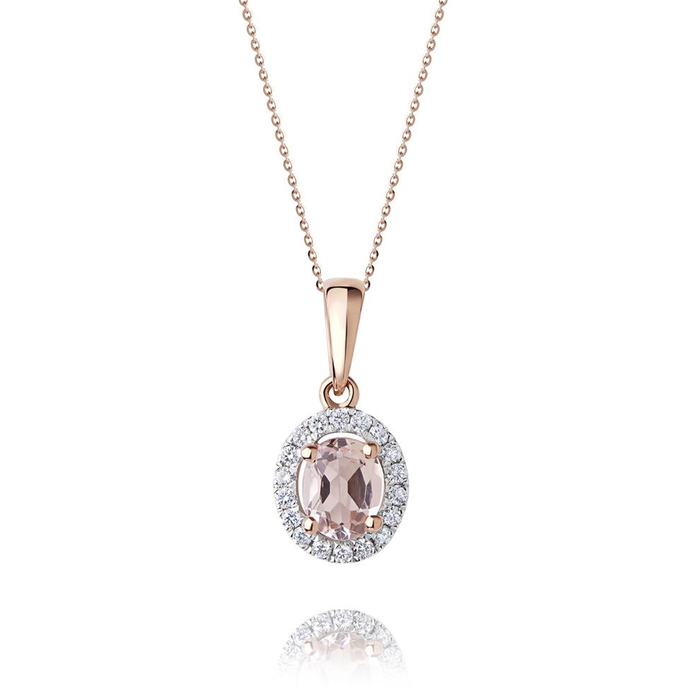18ct Rose Gold Morganite and Diamond Halo Pendant Thumbnail Image 0