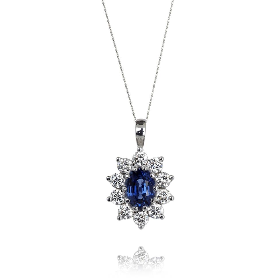 18ct White Gold Oval Sapphire and Diamond Cluster Pendant Thumbnail Image 0
