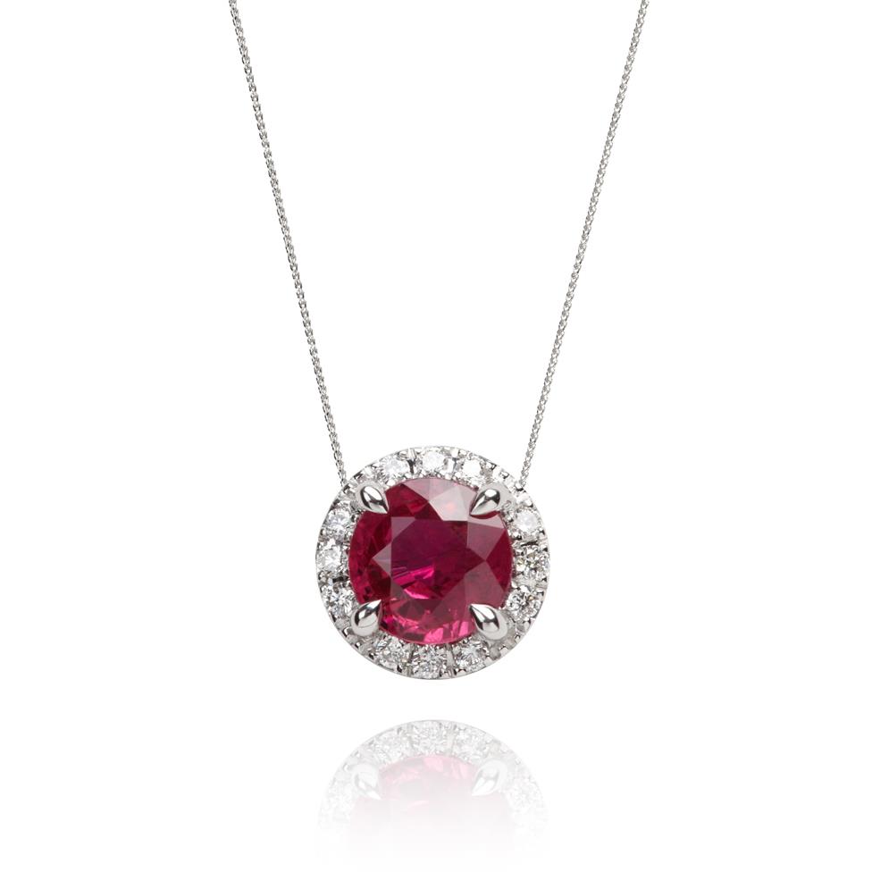 Camellia 18ct White Gold Ruby and Diamond Halo Necklace Thumbnail Image 0