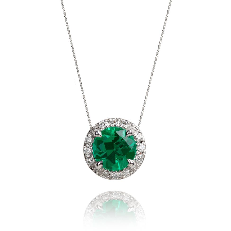 Camellia 18ct White Gold Emerald and Diamond Halo Necklace Thumbnail Image 0