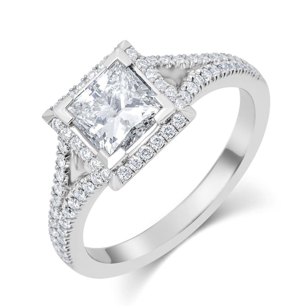 Platinum Split Shoulder Detail Princess Cut Diamond Halo Engagement Ring 1.65ct Thumbnail Image 0