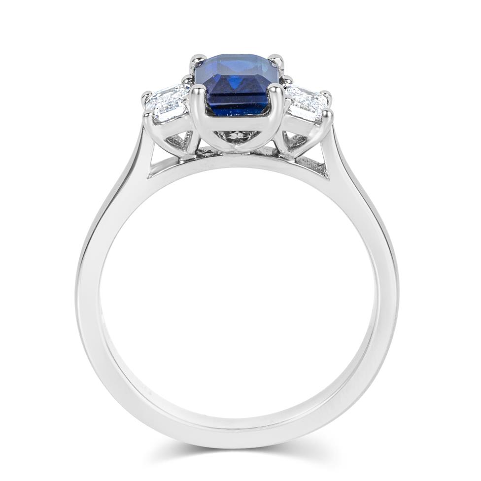 Platinum Emerald Cut Sapphire and Diamond Three Stone Engagement Ring Thumbnail Image 2