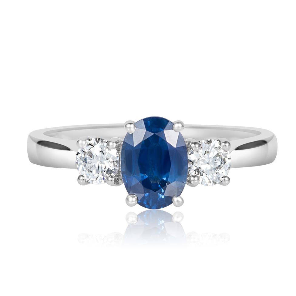 18ct White Gold Oval Sapphire and Diamond Three Stone Engagement Ring Thumbnail Image 1