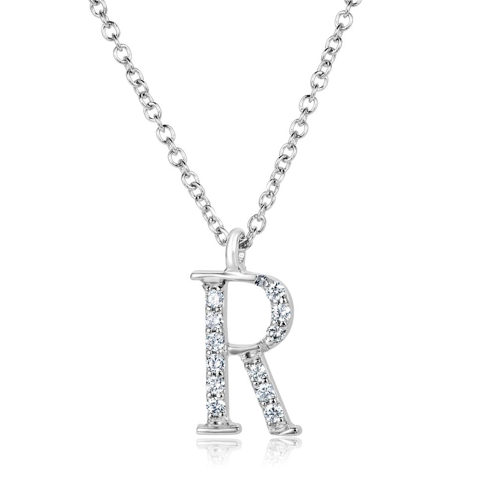 18ct White Gold Diamond Initial Necklace R Thumbnail Image 0