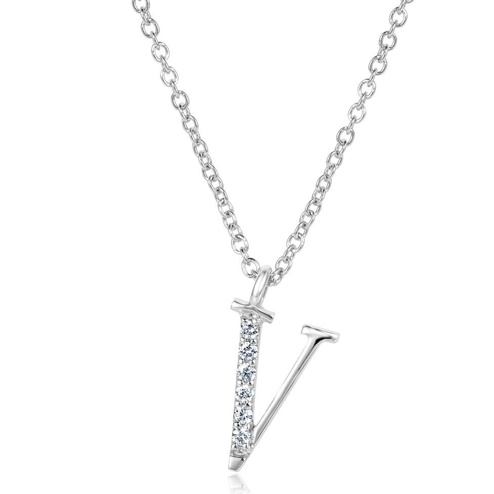 18ct White Gold Diamond Initial Necklace V Thumbnail Image 0