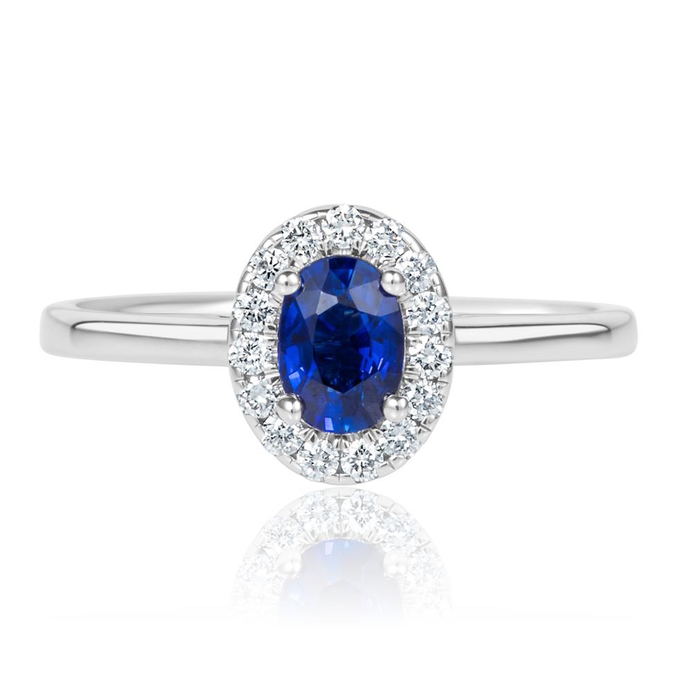 18ct White Gold Sapphire and Diamond Halo Engagement Ring Thumbnail Image 1