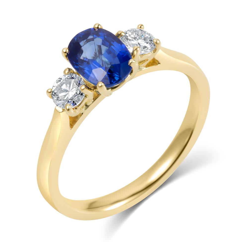 18ct Yellow Gold Oval Sapphire and Diamond Three Stone Engagement Ring Thumbnail Image 0