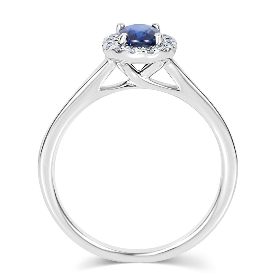 18ct White Gold Sapphire and Diamond Halo Engagement Ring Thumbnail Image 2