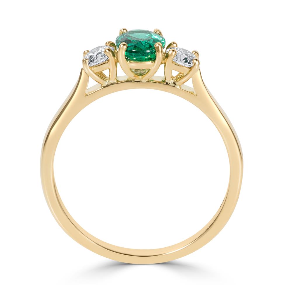 18ct Yellow Gold Oval Emerald and Diamond Three Stone Engagement Ring Thumbnail Image 3