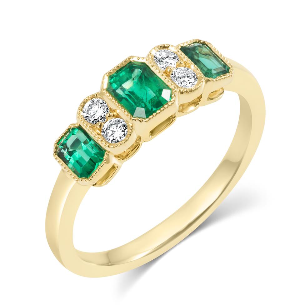 18ct Yellow Gold Milgrain Detail Emerald and Diamond Dress Ring Thumbnail Image 0