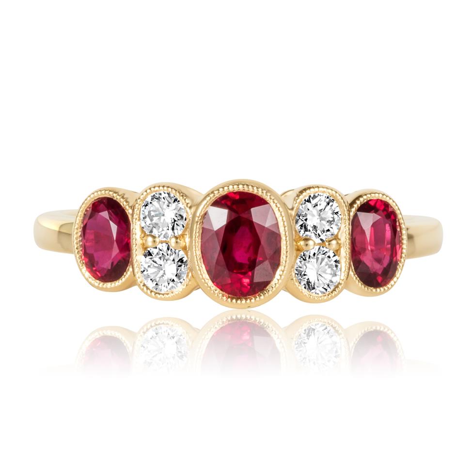 18ct Yellow Gold Milgrain Detail Ruby and Diamond Dress Ring Thumbnail Image 3