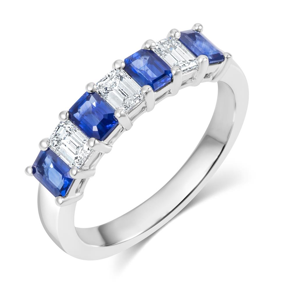 Platinum Emerald Cut Sapphire and Diamond Half Eternity Ring Thumbnail Image 0