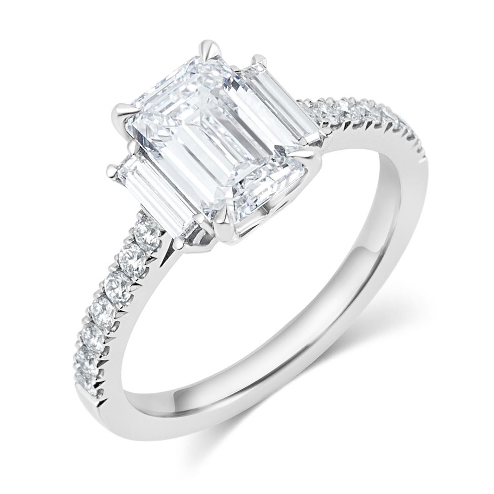 Platinum Emerald Cut Diamond Three Stone Engagement Ring 2.31ct Thumbnail Image 0