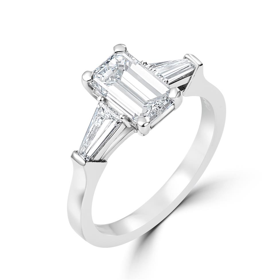 Platinum Emerald Cut and Baguette Cut Diamond Three Stone Engagement Ring 1.95ct Thumbnail Image 0