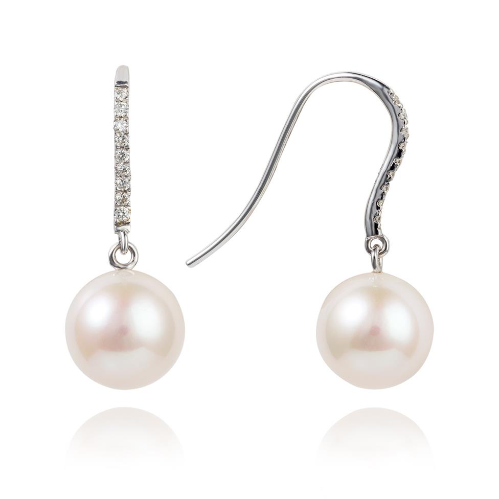 18ct White Gold Freshwater Pearl and Diamond Drop Earrings Thumbnail Image 0