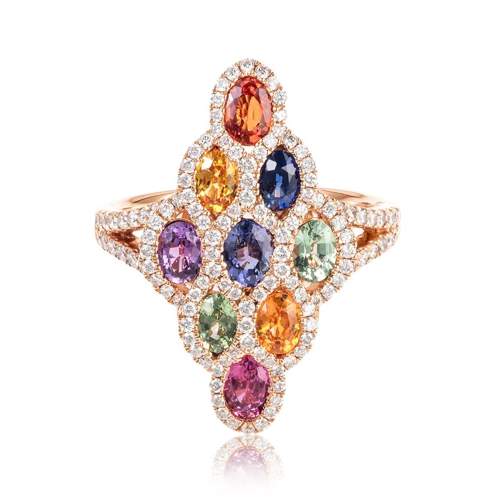 Samba 18ct Rose Gold Marquise Design Rainbow Sapphire and Diamond Dress Ring Thumbnail Image 2