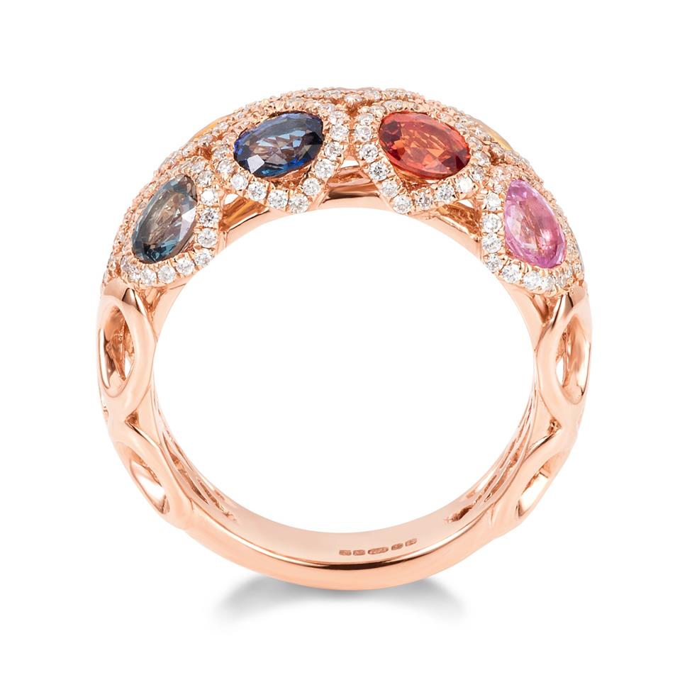Samba 18ct Rose Gold Dome Design Rainbow Sapphire and Diamond Dress Ring Thumbnail Image 3