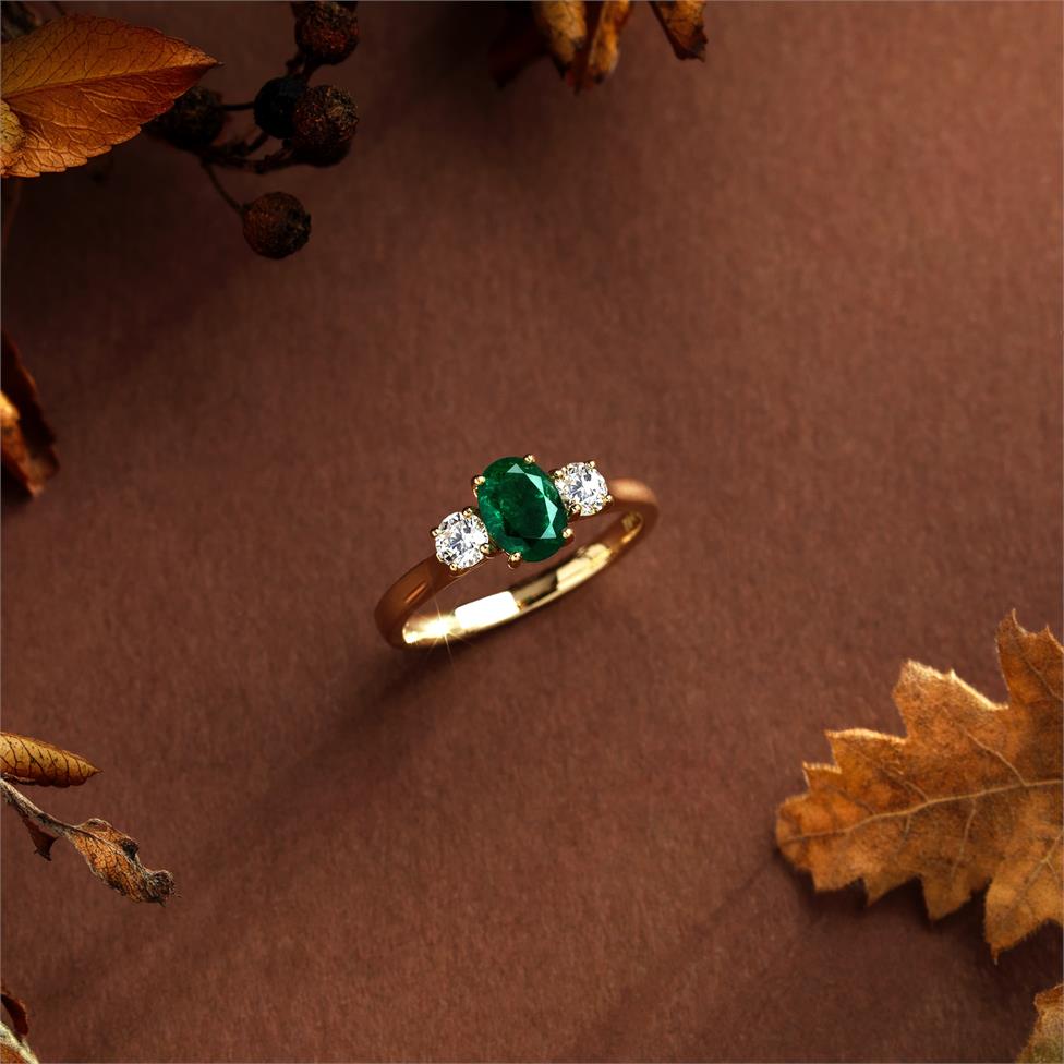 18ct Yellow Gold Oval Emerald and Diamond Three Stone Engagement Ring Thumbnail Image 4