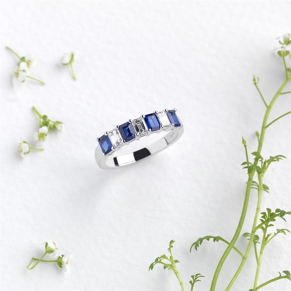 Platinum Emerald Cut Sapphire and Diamond Half Eternity Ring Thumbnail Image 4