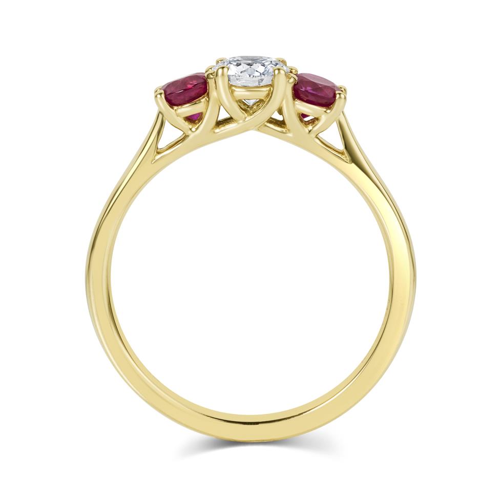 18ct Yellow Gold Diamond and Ruby Three Stone Engagement Ring Thumbnail Image 3