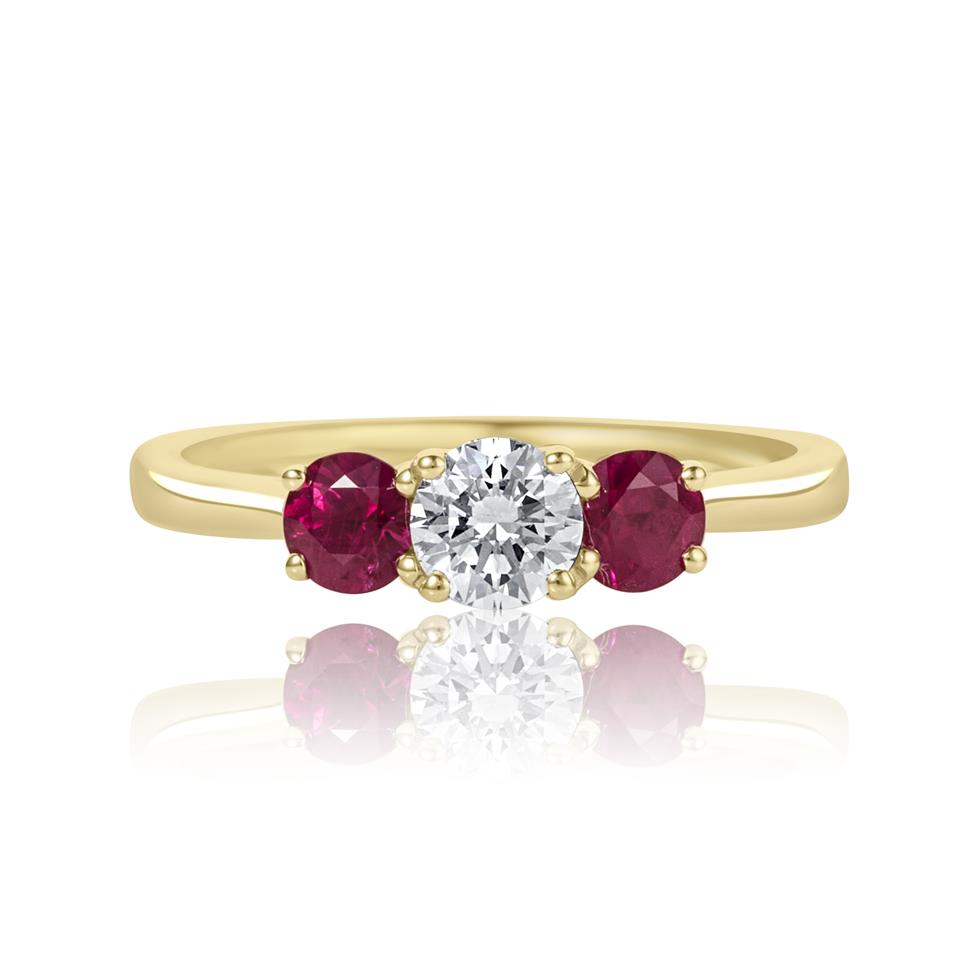 18ct Yellow Gold Diamond and Ruby Three Stone Engagement Ring Thumbnail Image 2
