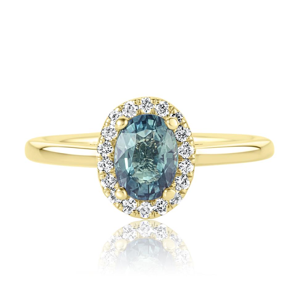 18ct Yellow Gold Oval Teal Sapphire and Diamond Halo Engagement Ring Thumbnail Image 1