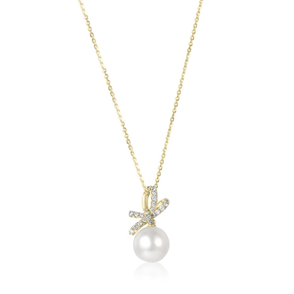 Isla 18ct Yellow Gold Bow Design Pearl and Diamond Drop Pendant Thumbnail Image 0
