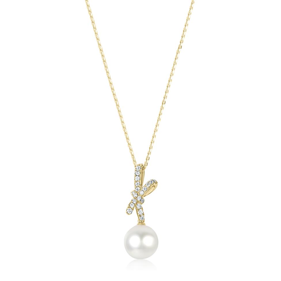 Isla 18ct Yellow Gold Bow Design Pearl and Diamond Drop Pendant Thumbnail Image 0