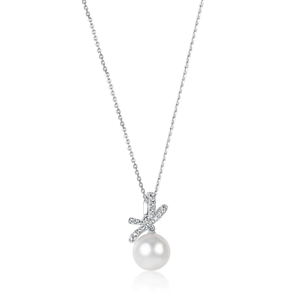 Isla 18ct White Gold Bow Design Pearl and Diamond Drop Pendant Thumbnail Image 0