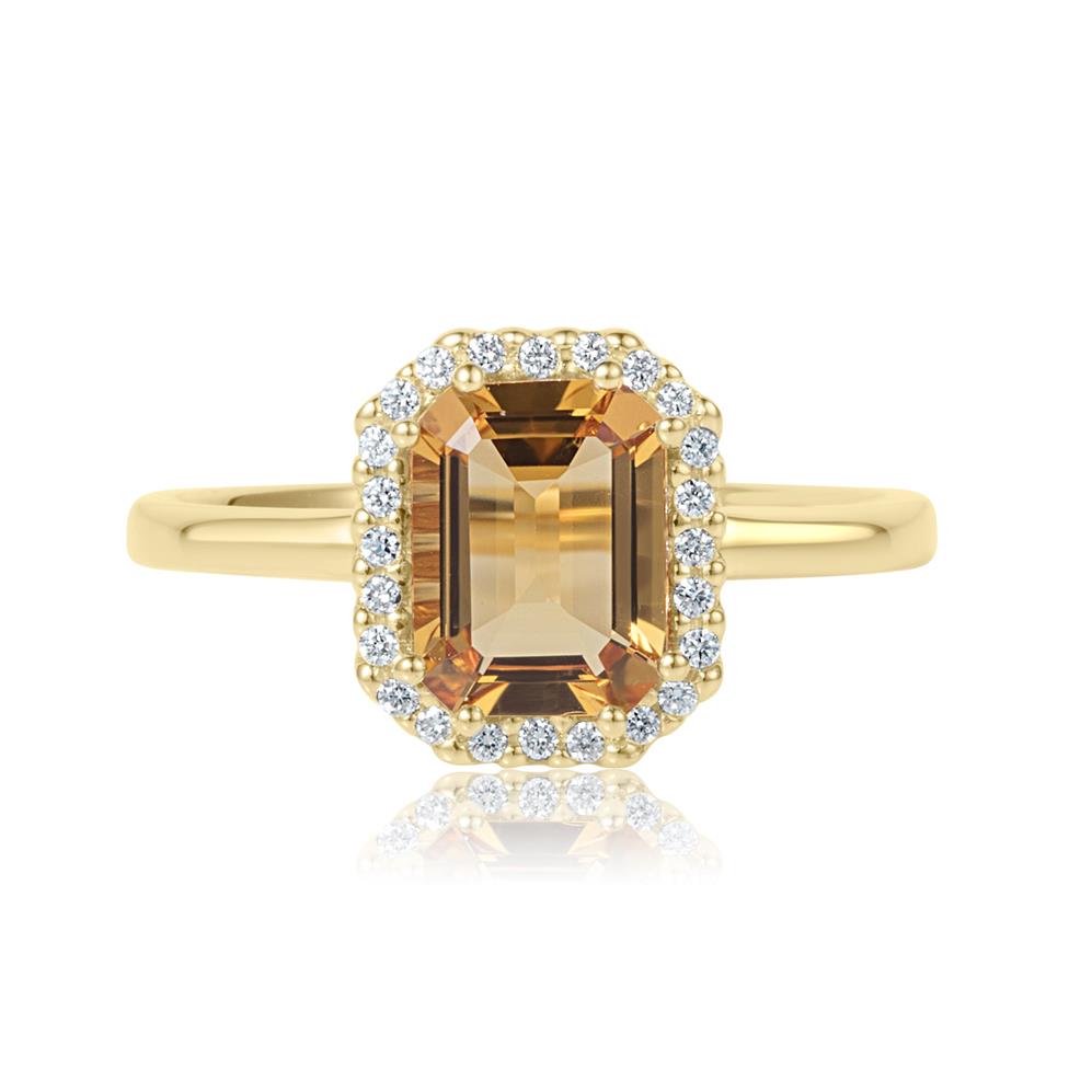 18ct Yellow Gold Emerald Cut Citrine and Diamond Halo Dress Ring Thumbnail Image 2