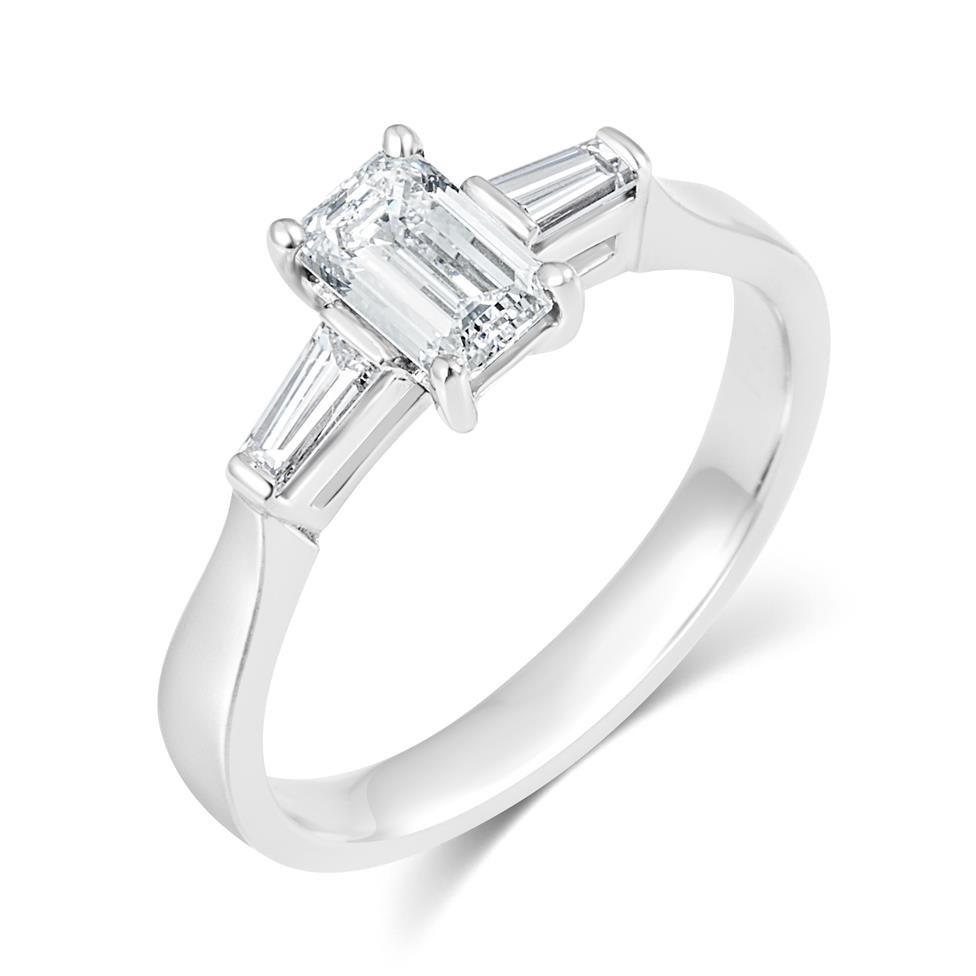 Platinum Emerald Cut And Baguette Cut Diamond Three Stone Engagement Ring 0.80ct Thumbnail Image 0