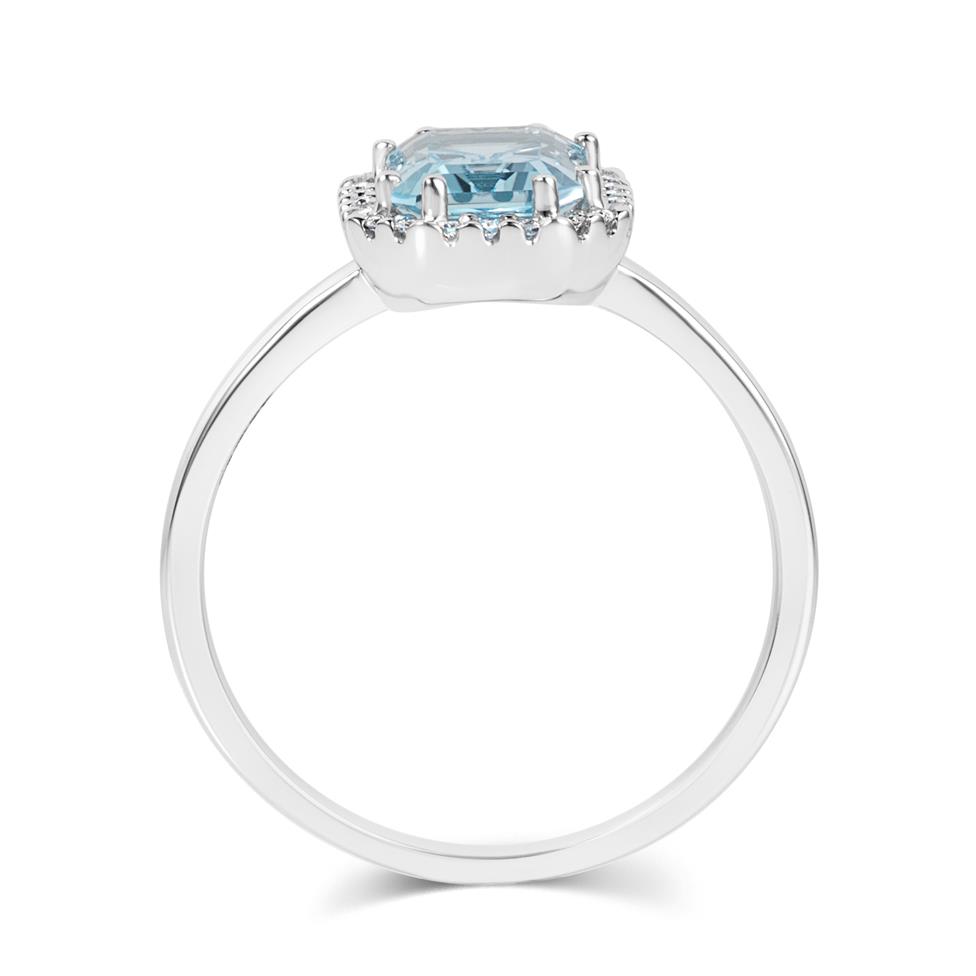 18ct White Gold Emerald Cut Blue Topaz and Diamond Halo Dress Ring Thumbnail Image 4