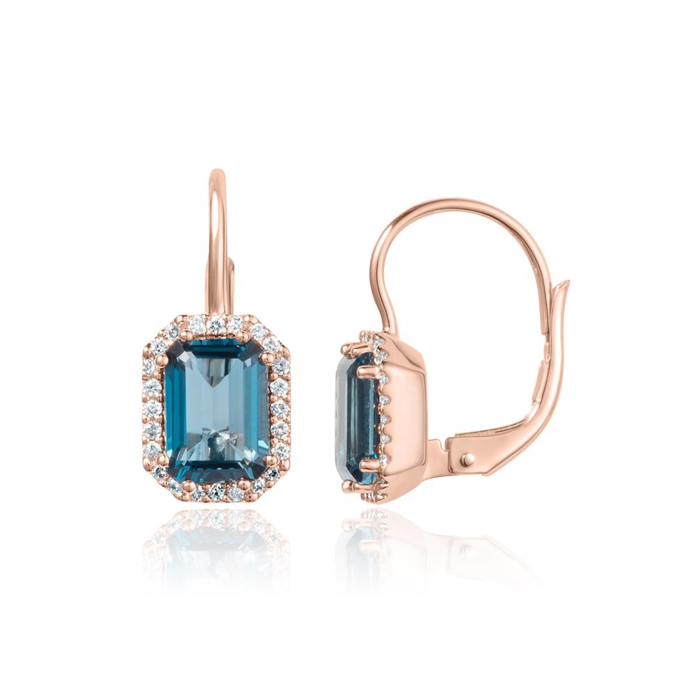 18ct Rose Gold Emerald Cut London Blue Topaz and Diamond Halo Drop Earrings Thumbnail Image 0