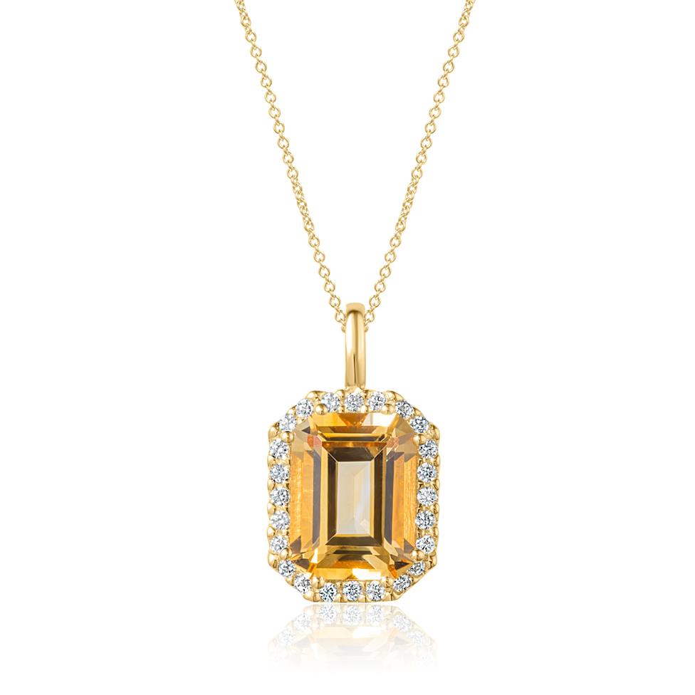 18ct Yellow Gold Emerald Cut Citrine and Diamond Halo Pendant Thumbnail Image 0