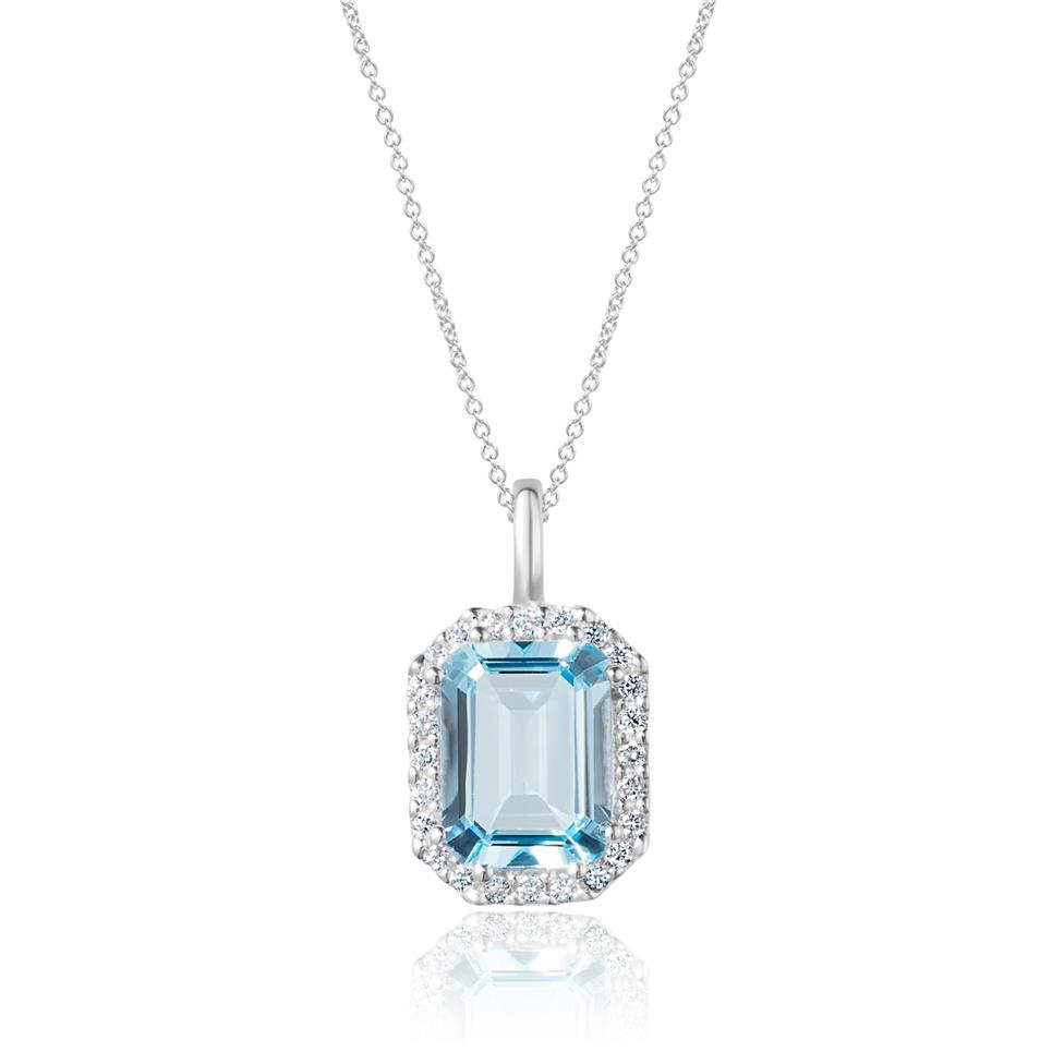 18ct White Gold Emerald Cut Blue Topaz and Diamond Halo Pendant Thumbnail Image 0