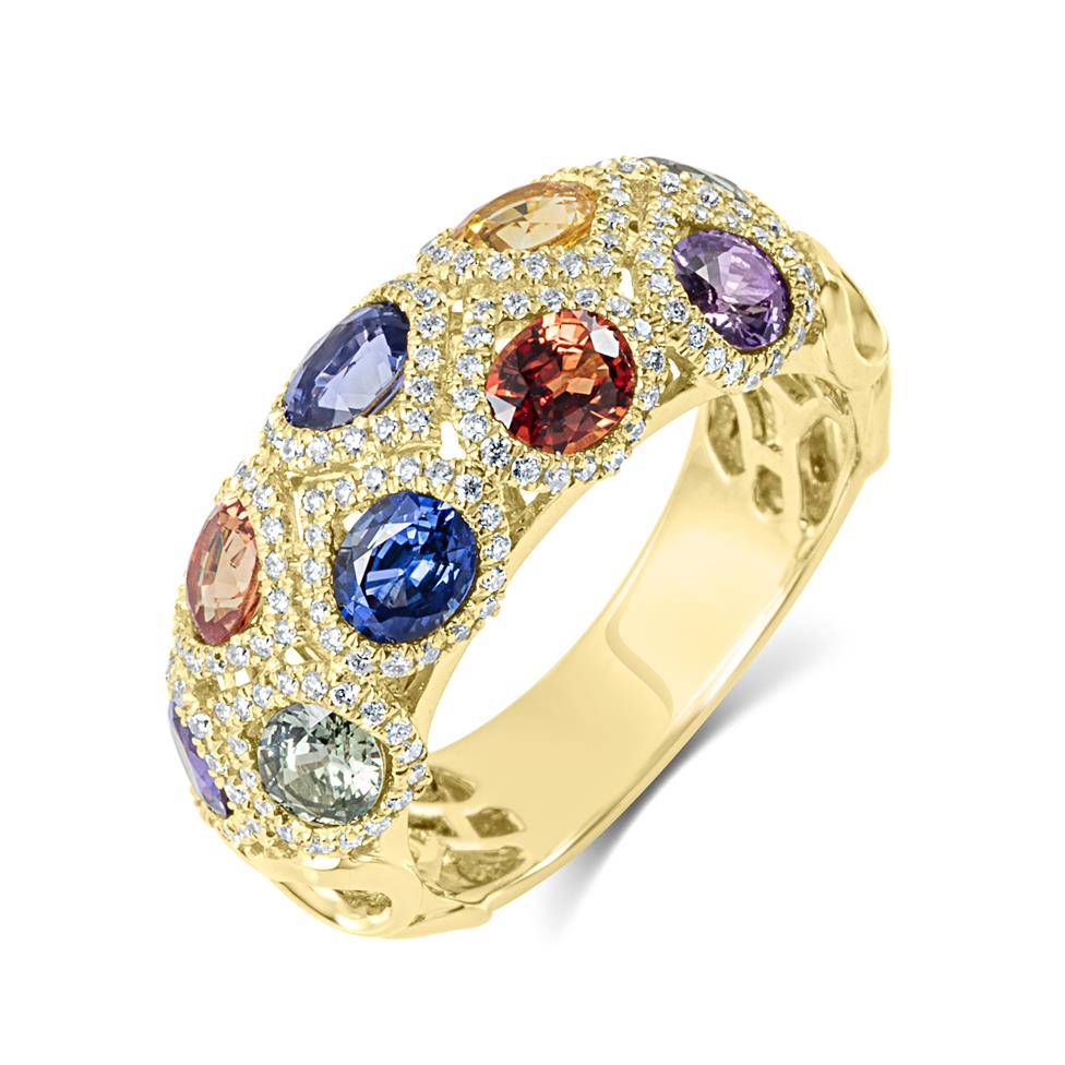 Samba 18ct Yellow Gold Dome Design Rainbow Sapphire And Diamond Dress Ring
 Thumbnail Image 0