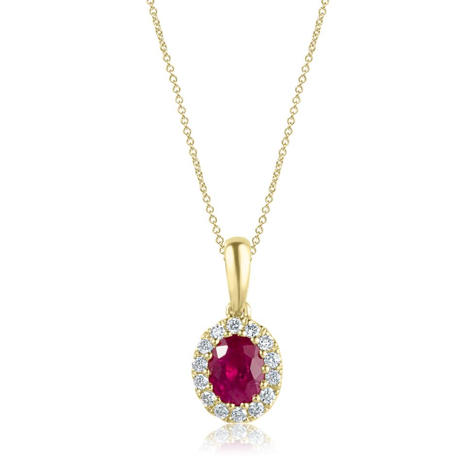 Camellia 18ct Yellow Gold Ruby and Diamond Oval Halo Pendant
 Thumbnail Image 0