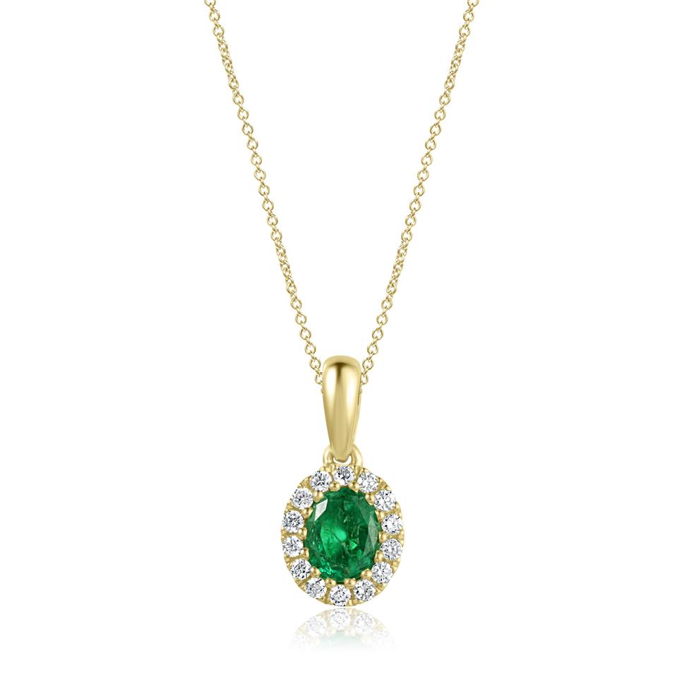 Camellia 18ct Yellow Gold Emerald and Diamond Oval Halo Pendant
 Thumbnail Image 0