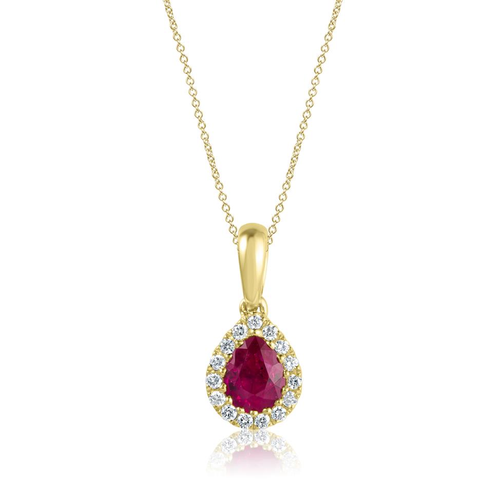 Camellia 18ct Yellow Gold Ruby and Diamond Teardrop Halo Pendant
 Thumbnail Image 0