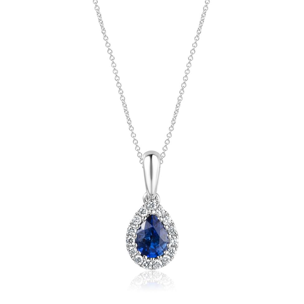 Camellia 18ct White Gold Sapphire and Diamond Teardrop Halo Pendant
 Thumbnail Image 0
