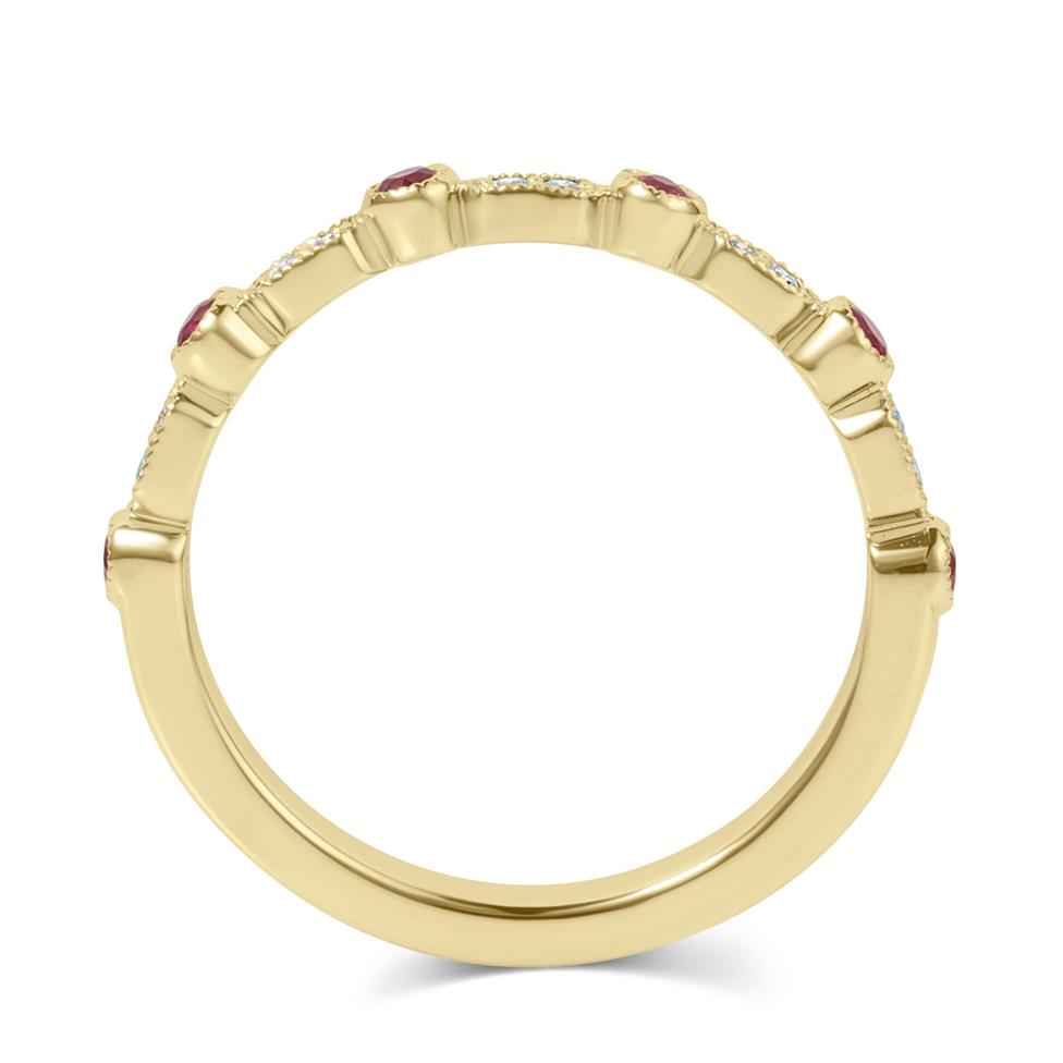 18ct Yellow Gold Vintage Style Ruby and Diamond Half Eternity Ring Thumbnail Image 3