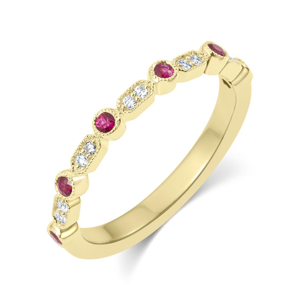 18ct Yellow Gold Vintage Style Ruby and Diamond Half Eternity Ring Thumbnail Image 0