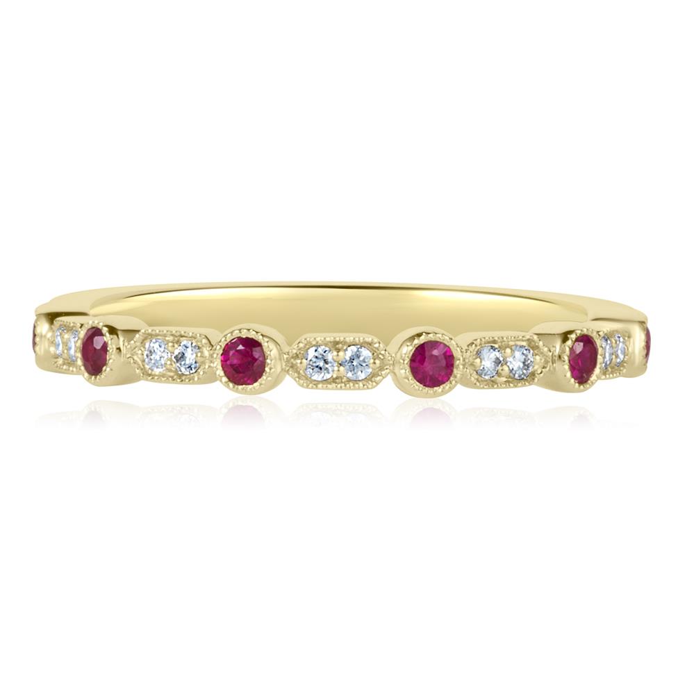 18ct Yellow Gold Vintage Style Ruby and Diamond Half Eternity Ring Thumbnail Image 2