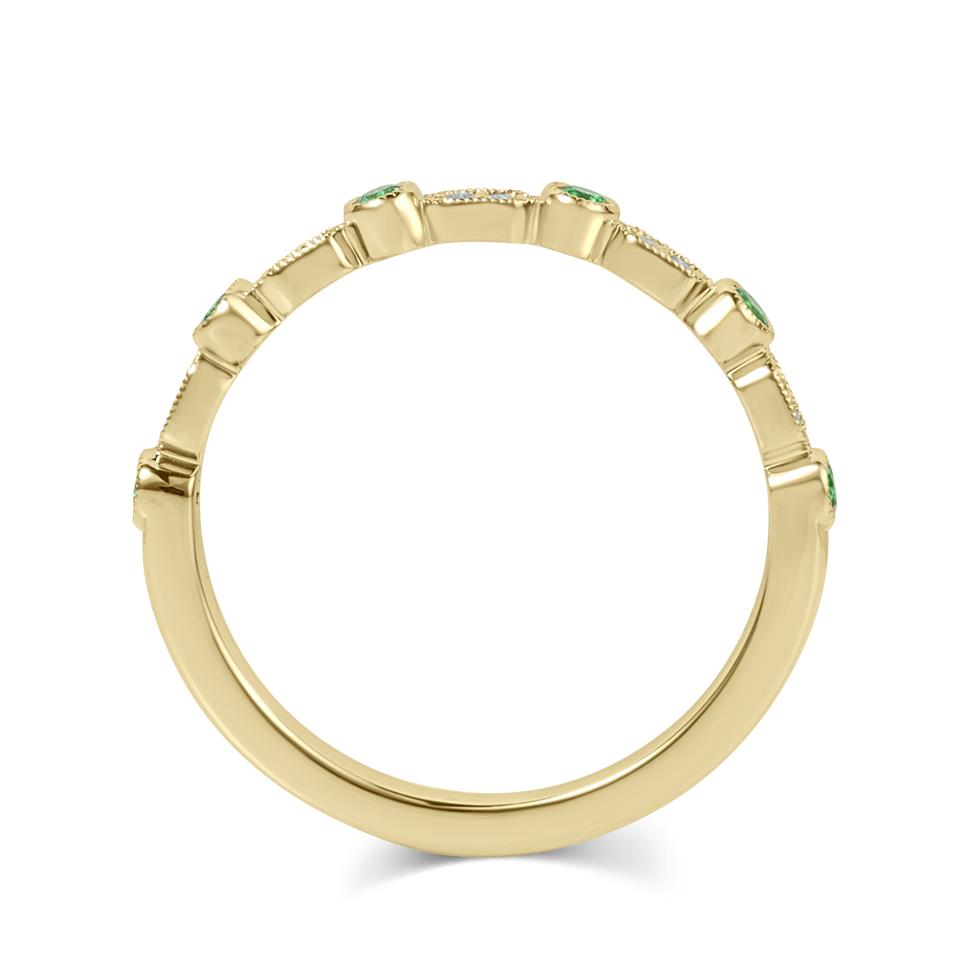 18ct Yellow Gold Vintage Style Emerald and Diamond Half Eternity Ring Thumbnail Image 2
