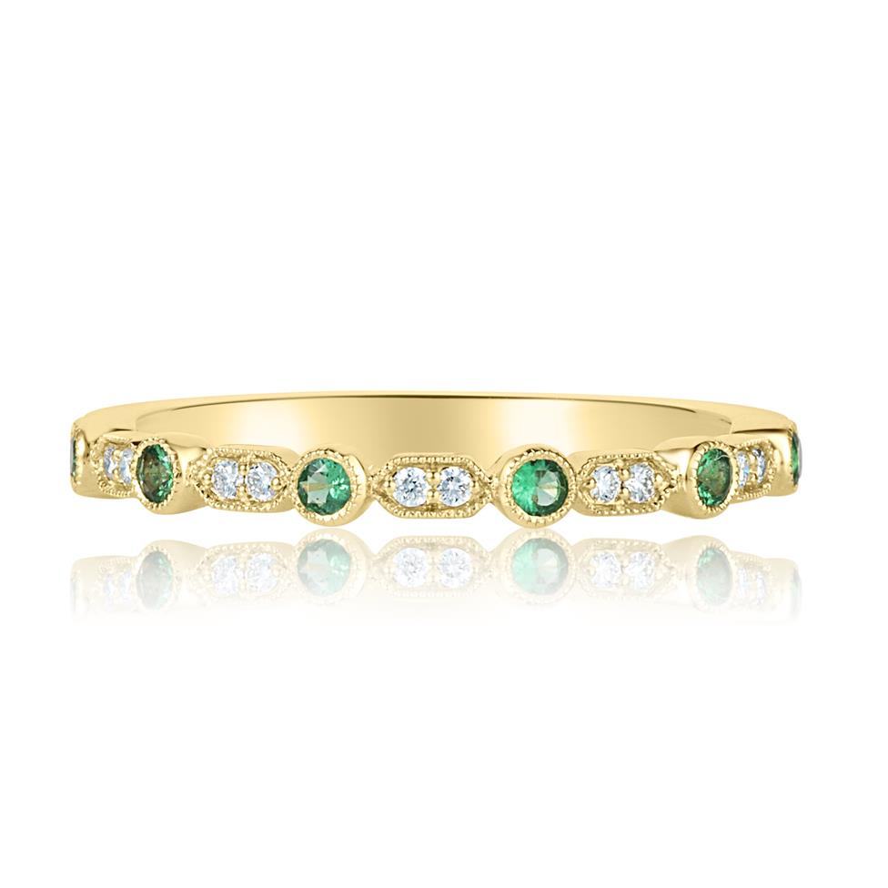 18ct Yellow Gold Vintage Style Emerald and Diamond Half Eternity Ring Thumbnail Image 1