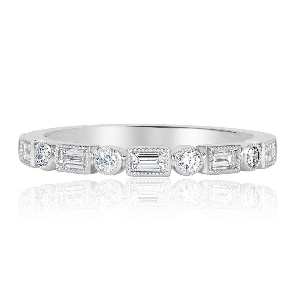 Platinum Vintage Style Baguette and Round  Diamond Half Eternity Ring Thumbnail Image 2