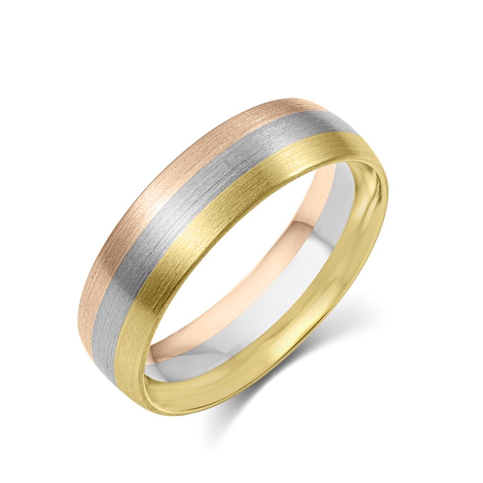 18ct Yellow, White and Rose Gold Brushed Court Wedding Band Thumbnail Image 0